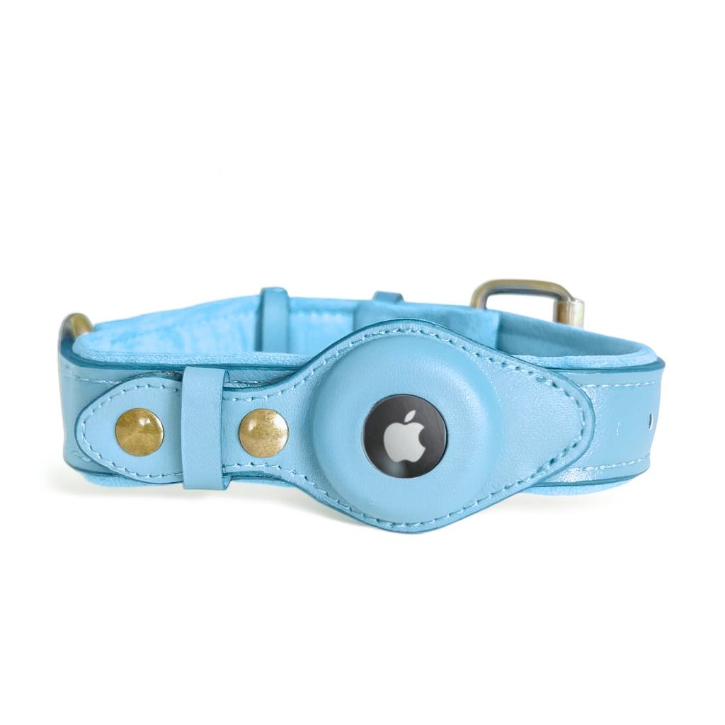 Light blue dog collar with a central circular device featuring an apple logo on a white background