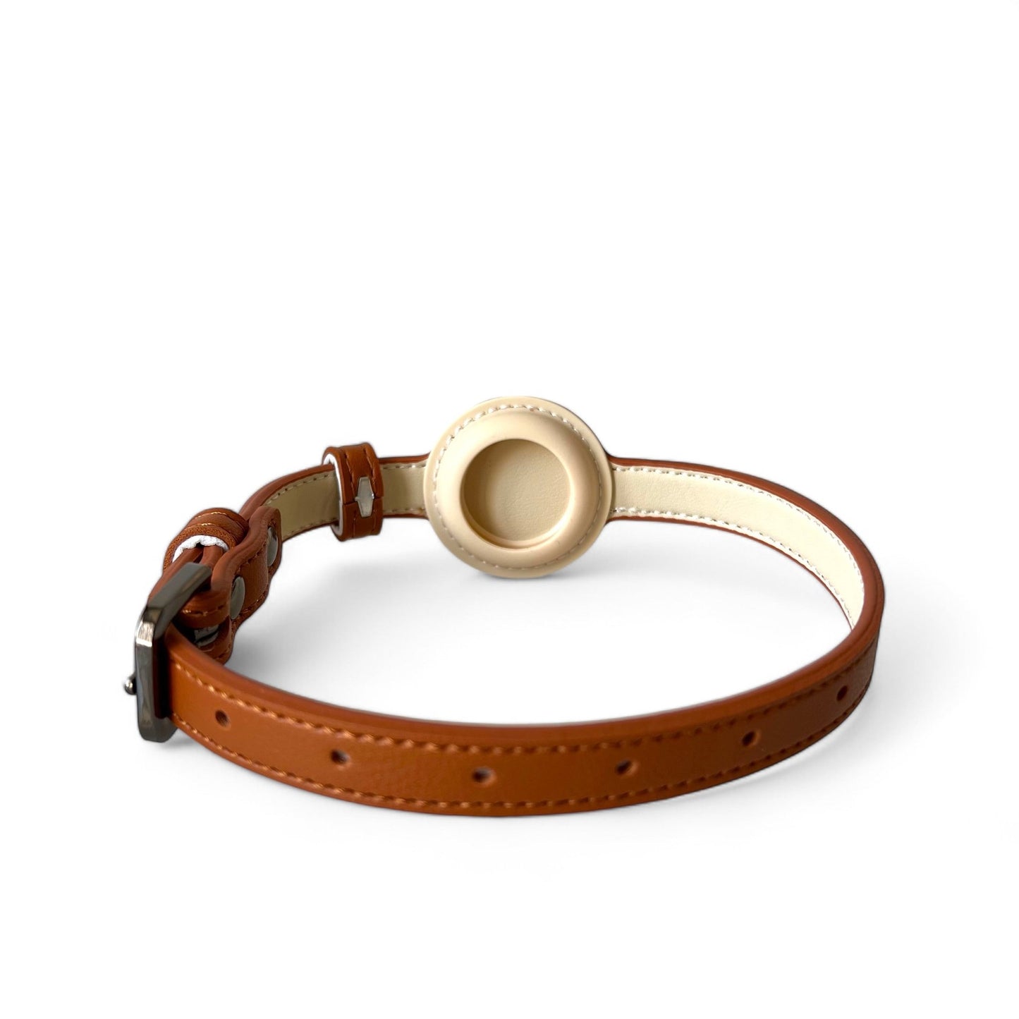 EasyFit Airtag dog collar in brown leather with quick-release buckle and built-in Airtag holder for dog tracking.