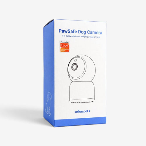 A boxed PawSafe Dog Camera by collarspot, shown in its retail packaging against a light gray background. The box is white with blue side panels and a line drawing of the camera on the front.